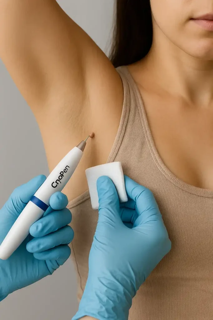 woman having cryopen to remove underarm skin tags Holland Park