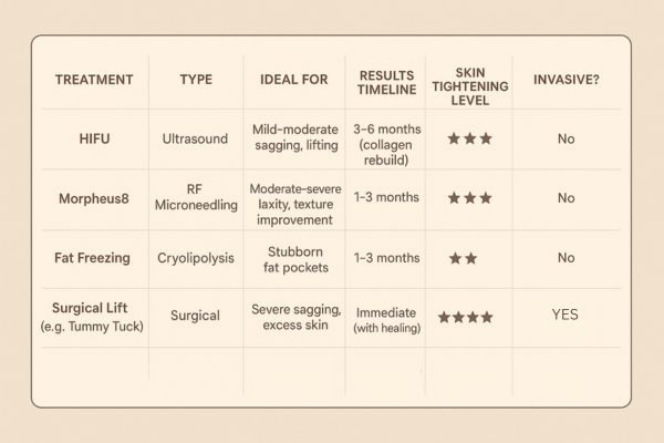 Table showing the comparisons of Skin tightening Holland Park treatment options.